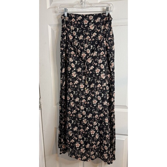 Free People Women’s Black Bijou Floral Side Slit Tie Midi Skirt Sz 6 Boho Casual - Picture 1 of 6